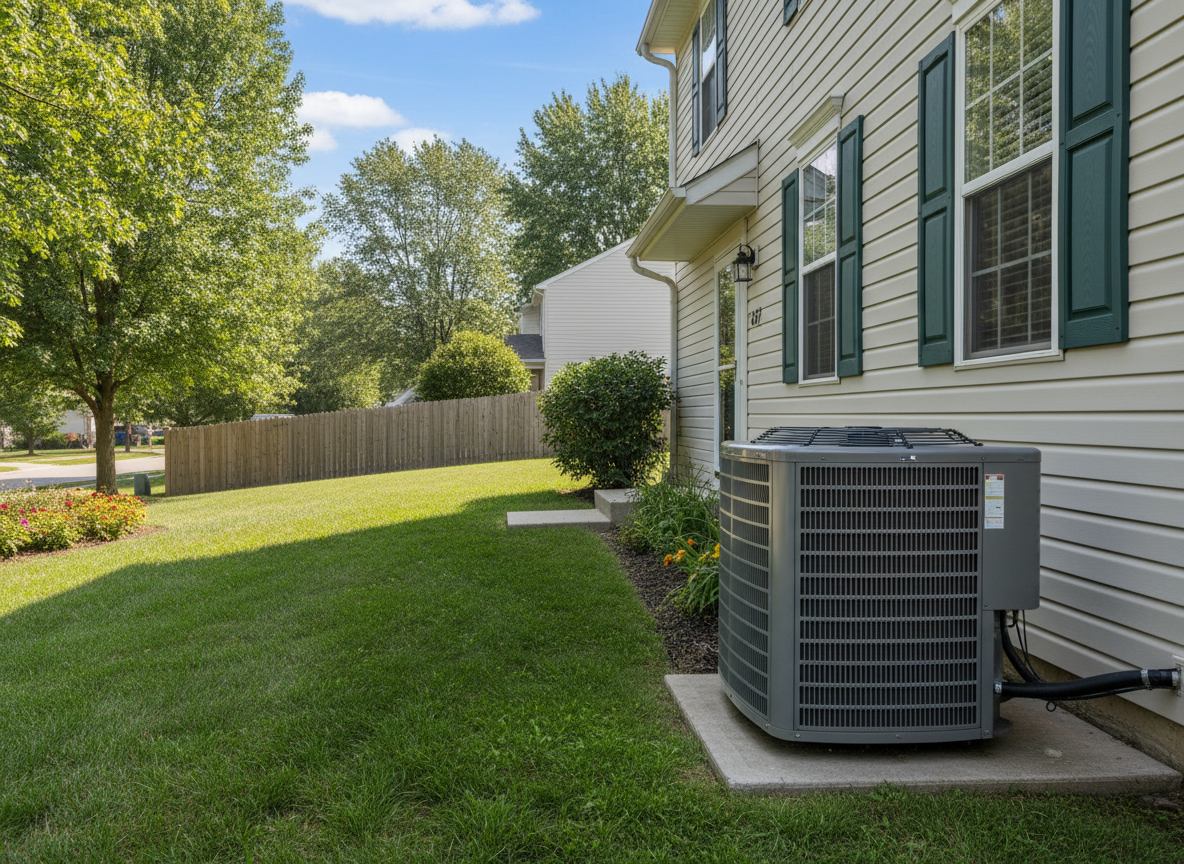Outdoor air conditioning unit installed next to a home