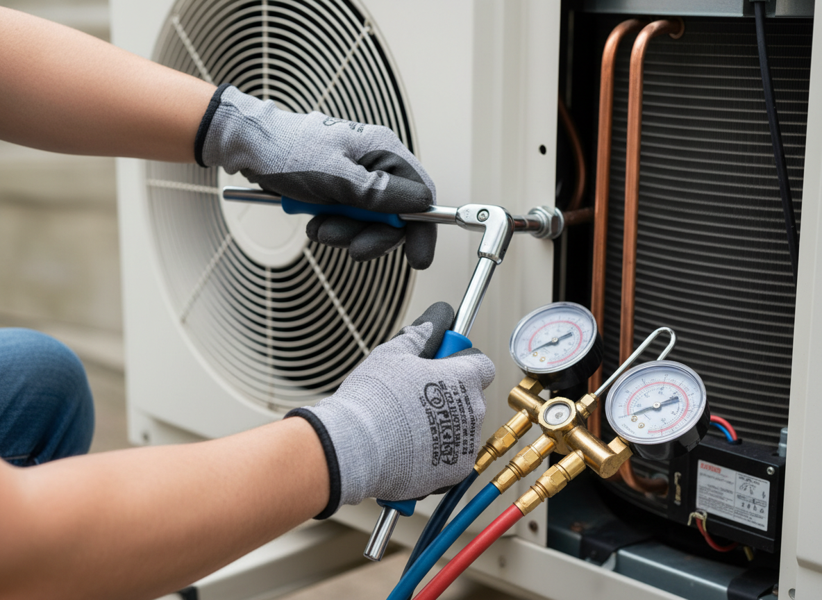 HVAC technician's hands working on equipment